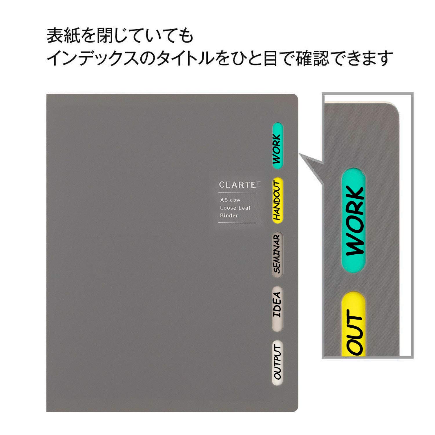 Maruman CLARTE 20‑Ring Binder with 5 Index Windows & Matching 5‑Tab Dividers, A5 Size, 5.83" x 8.27", Includes 10 Loose Leaf Ruled Sheets and Clear Storage Pocket, Holds Up to 70 Sheets, Gray - Image 4