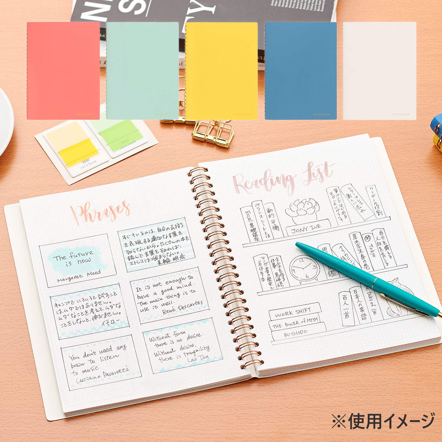 Maruman Septcouleur Grid Notebook- A5, 5.83" x 8.27", 100 Sheets / 200 Pages, 3mm Graph Paper Journal, Durable Rose Gold Wire-bound Spiral, Water Resistant Cover, Mint Green, Made in Japan - Image 5